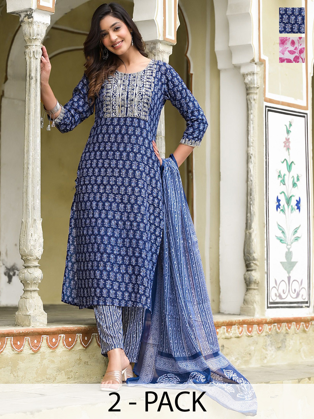 

KALINI Selection of 2 Floral Printed Straight Kurta with Trousers & Dupatta, Blue