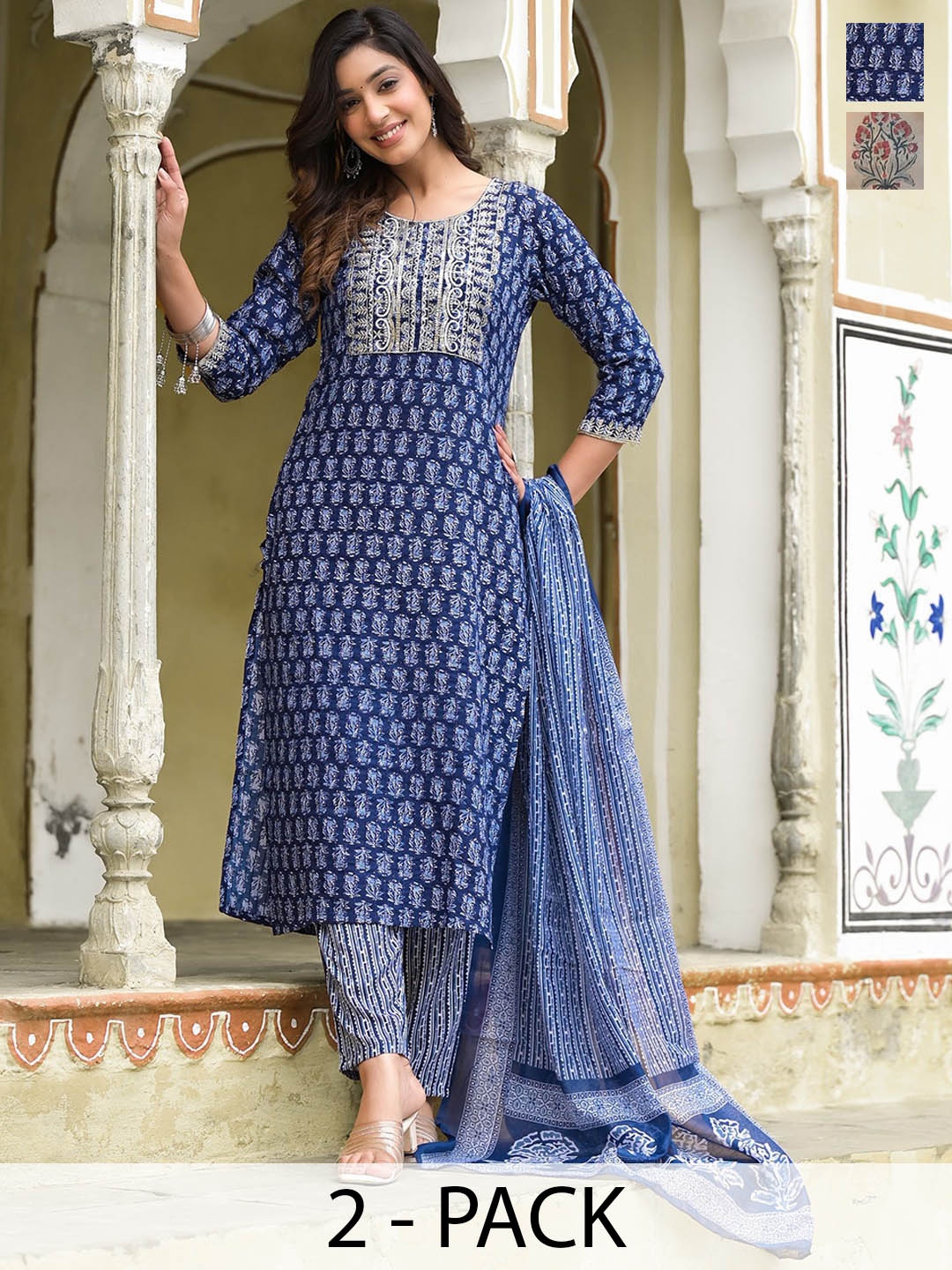 

KALINI Selection Of 2 Ethnic Motifs Printed Kurta With Trousers & Dupatta, Blue