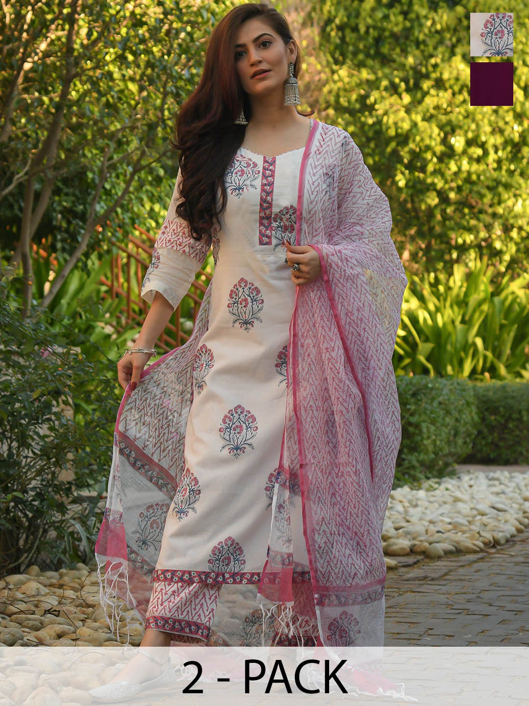 

KALINI Selection Of 2 Floral Printed Round Neck Straight Kurta With Trousers & Dupatta, Burgundy