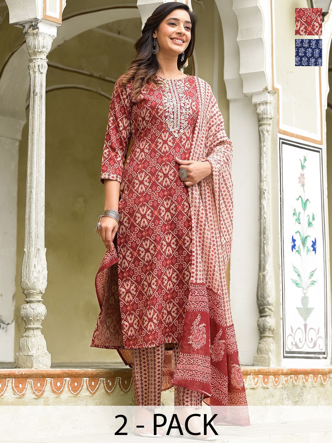 

KALINI Selection Of 2 Ethnic Motifs Embroidered Straight Kurta With Trousers And Dupatta, Maroon