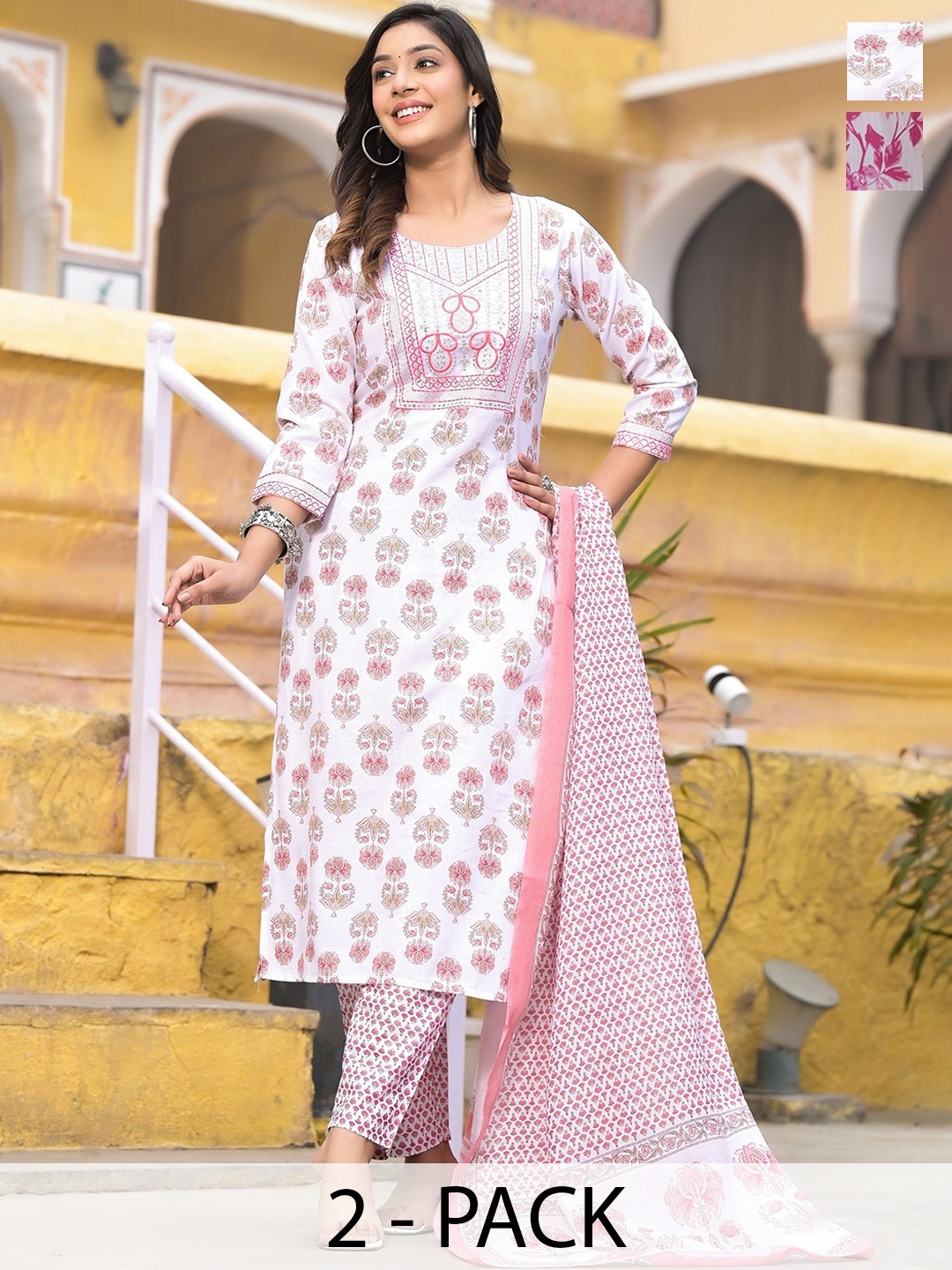 

KALINI Selection Of 2 Ethnic Motifs Printed Thread Work Kurta With Trousers & Dupatta, White