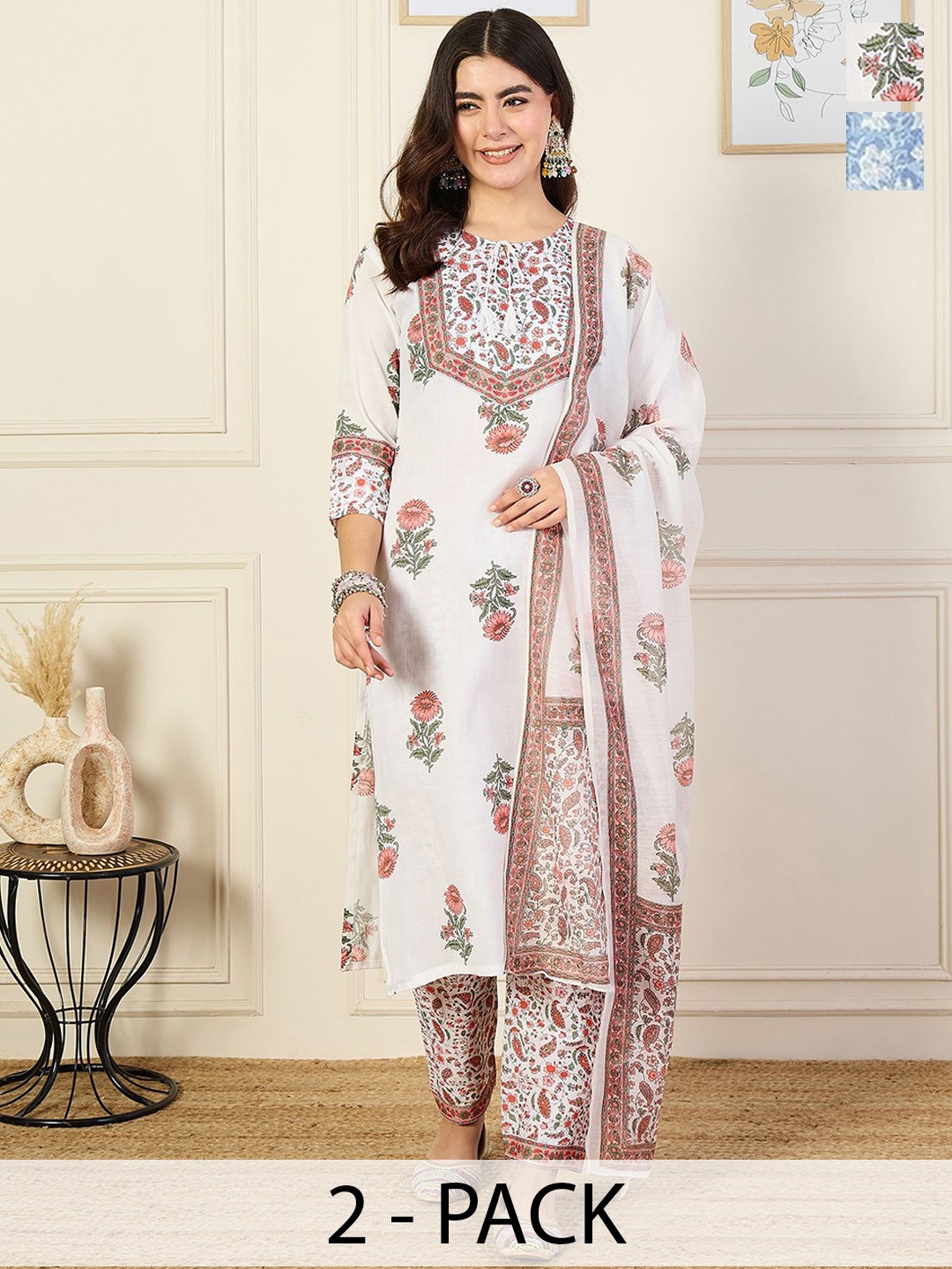 

KALINI Selections Of 2 Ethnic Motifs Printed Kurta with Trouser & Dupatta, White