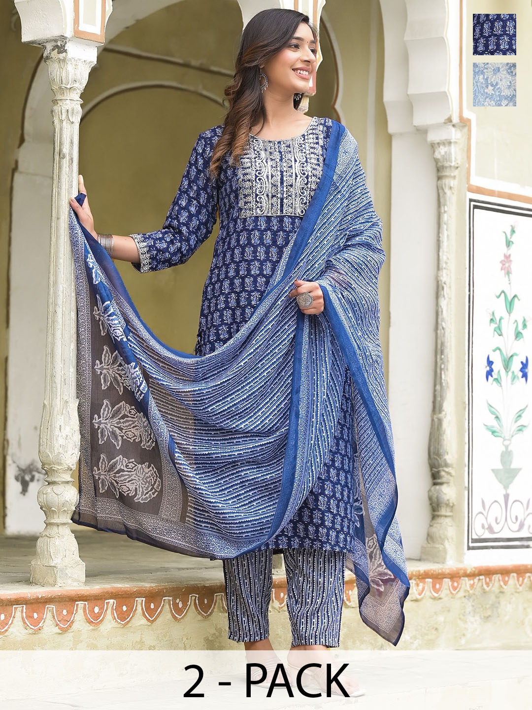 

KALINI Selection of 2 Floral Printed Straight Kurta with Trousers & Dupatta, Blue