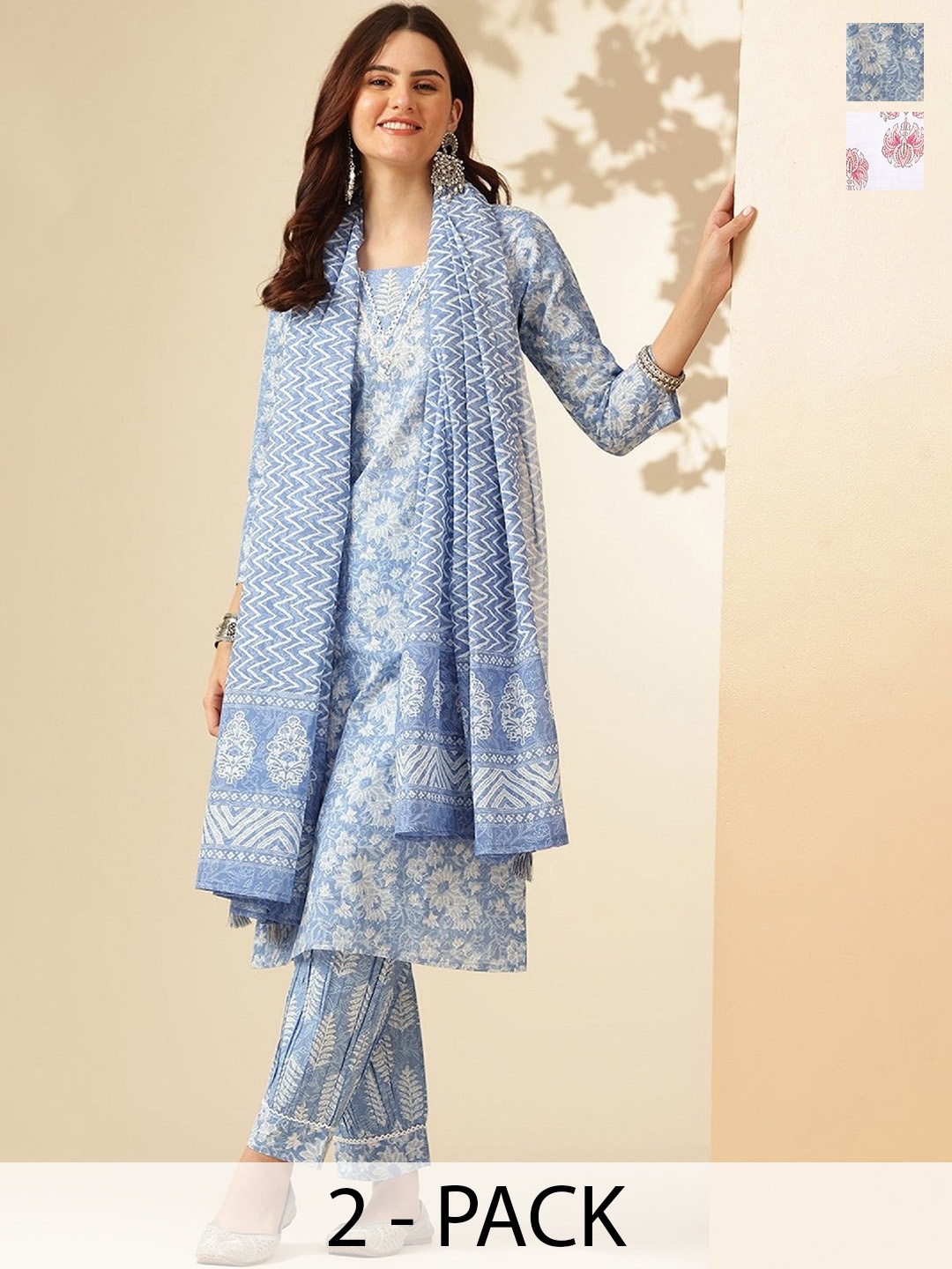 

KALINI Selection Of 2 Floral Printed V-Neck Straight Kurta With Trousers & Dupatta, Blue