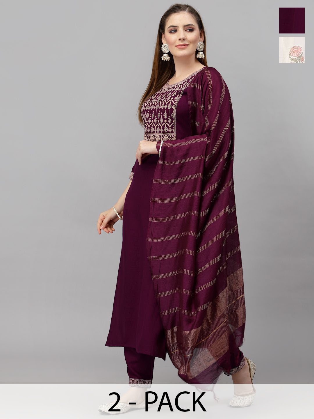 

KALINI Selection Of 2 Ethnic Motifs Embroidered Straight Kurta With Trousers And Dupatta, Burgundy