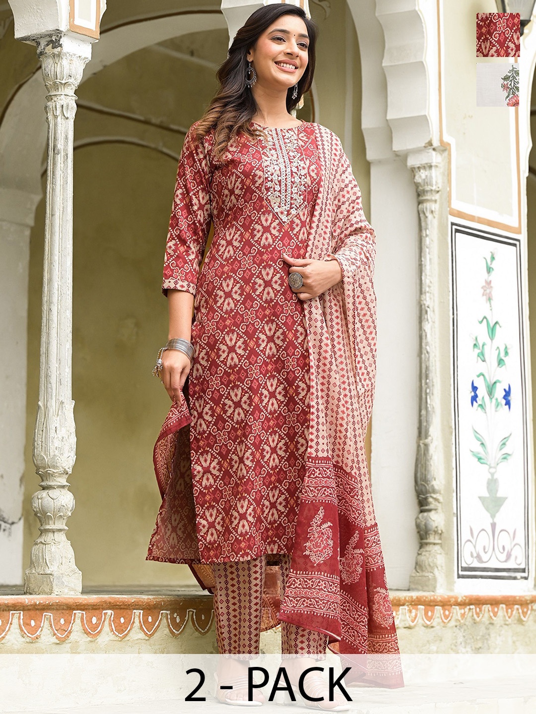 

KALINI Selection Of 2 Ethnic Motifs Printed Round Neck Kurta With Trousers & Dupatta, Maroon