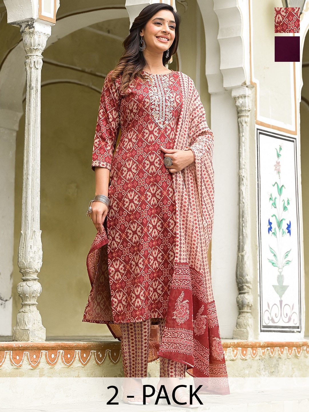 

KALINI Madhubala Selection Of 2 Ethnic Motifs Embroidered Kurta With Trousers And Dupatta, Maroon