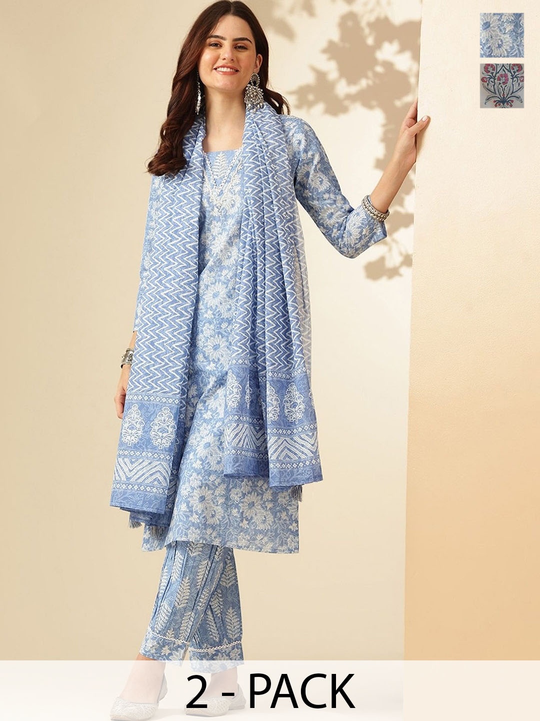 

KALINI Selections of 2 Floral Printed Straight Kurta with Trousers & Dupatta, Blue