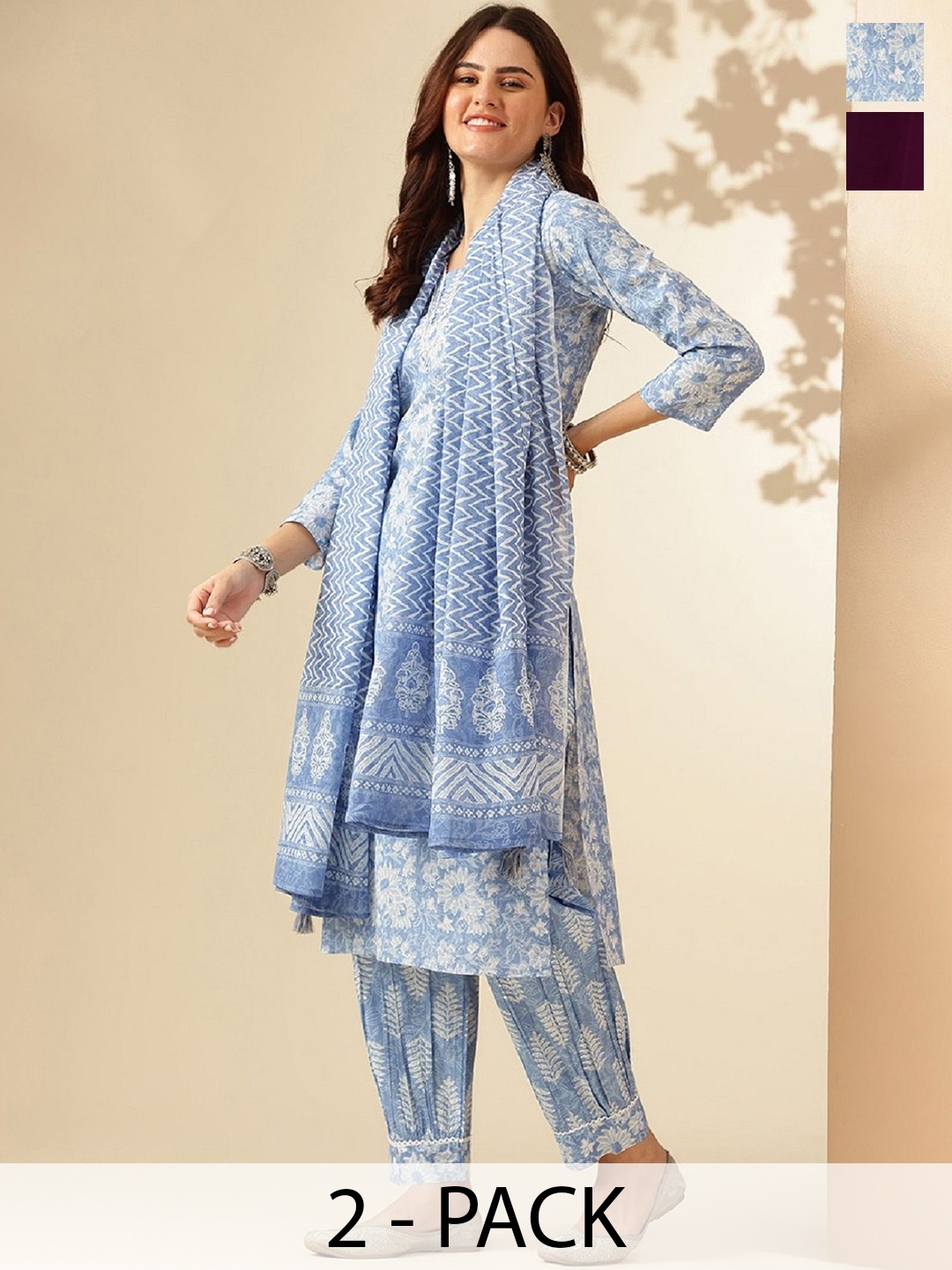 

KALINI Selections of 2 Ethnic Motifs Printed Straight Kurta with Trousers & Dupatta, Violet