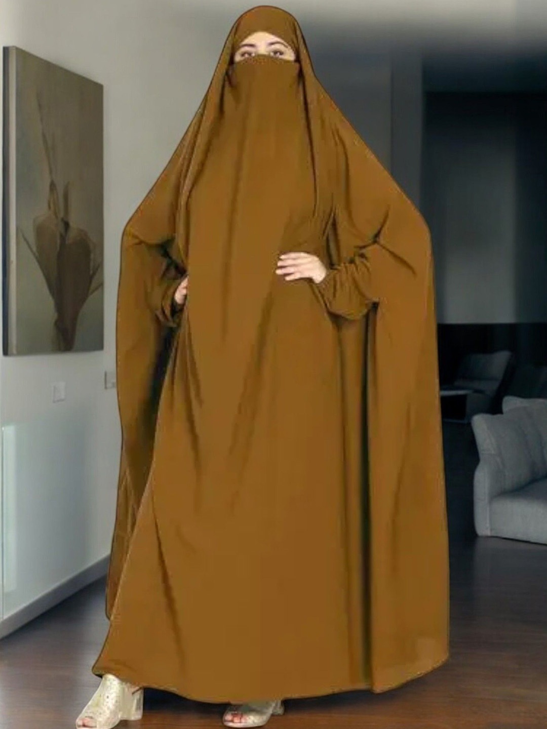 

MUSHKIYA Women Solid Jilbab Burqas With Adjustable Mouthpiece, Brown