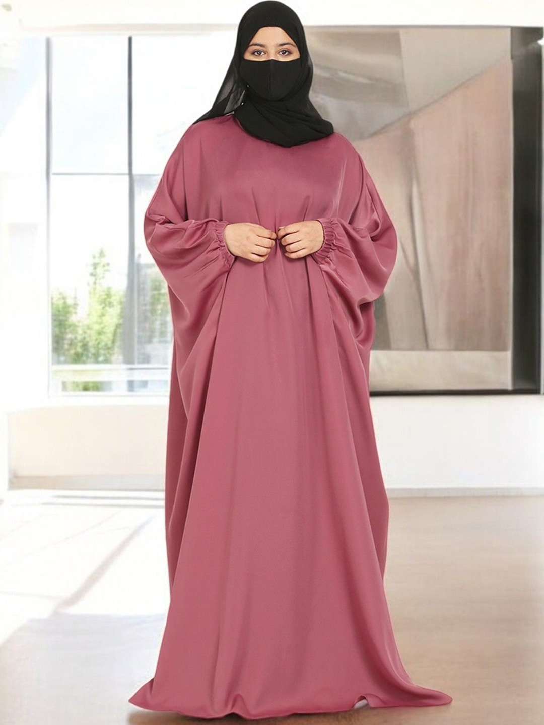 

MUSHKIYA Women Solid Elasticated Sleeves Kaftan Abaya Burqa, Pink