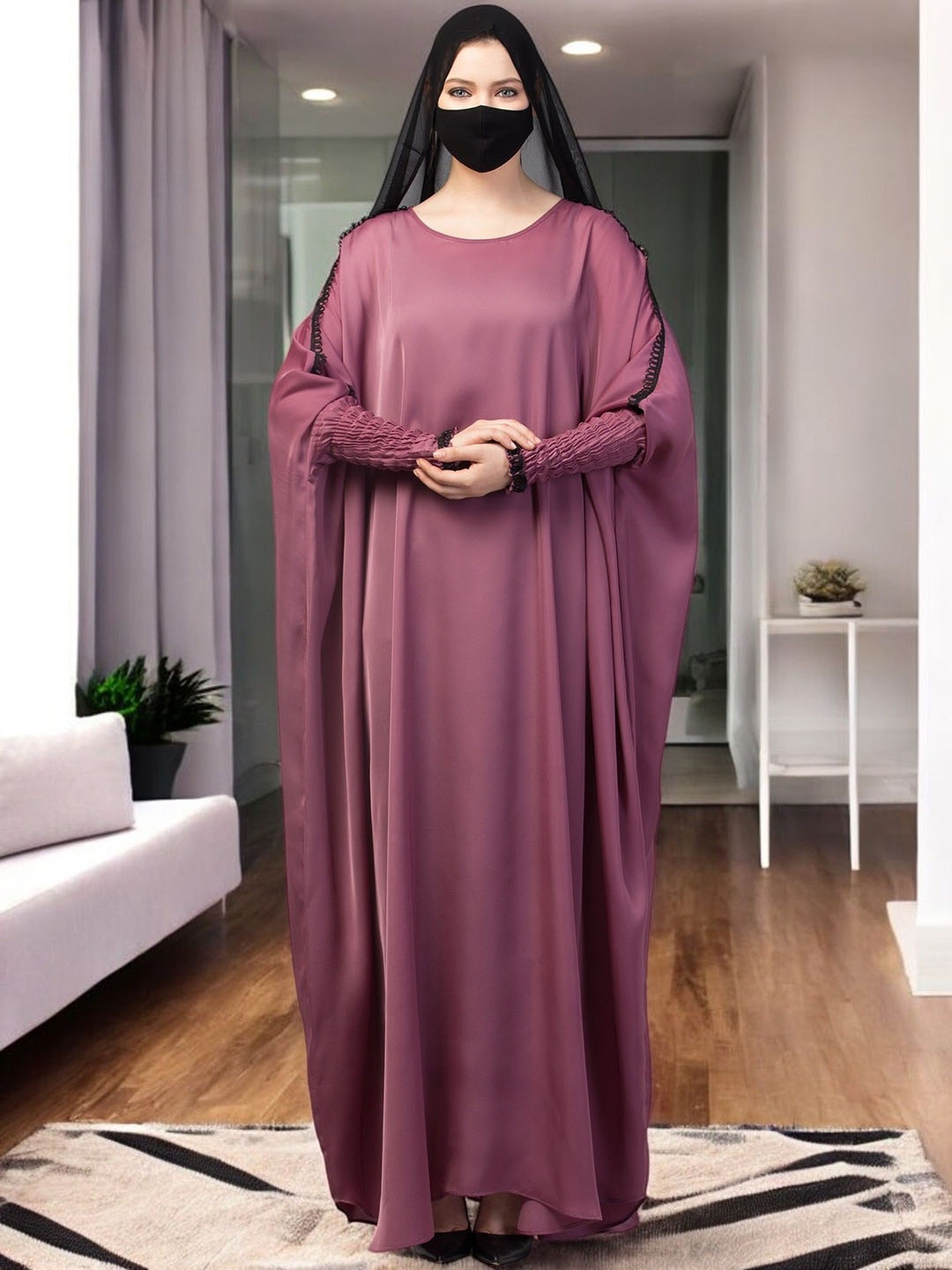 

MUSHKIYA Women Solid Long Elasticated Sleeves Kaftan Abaya Burqa, Purple