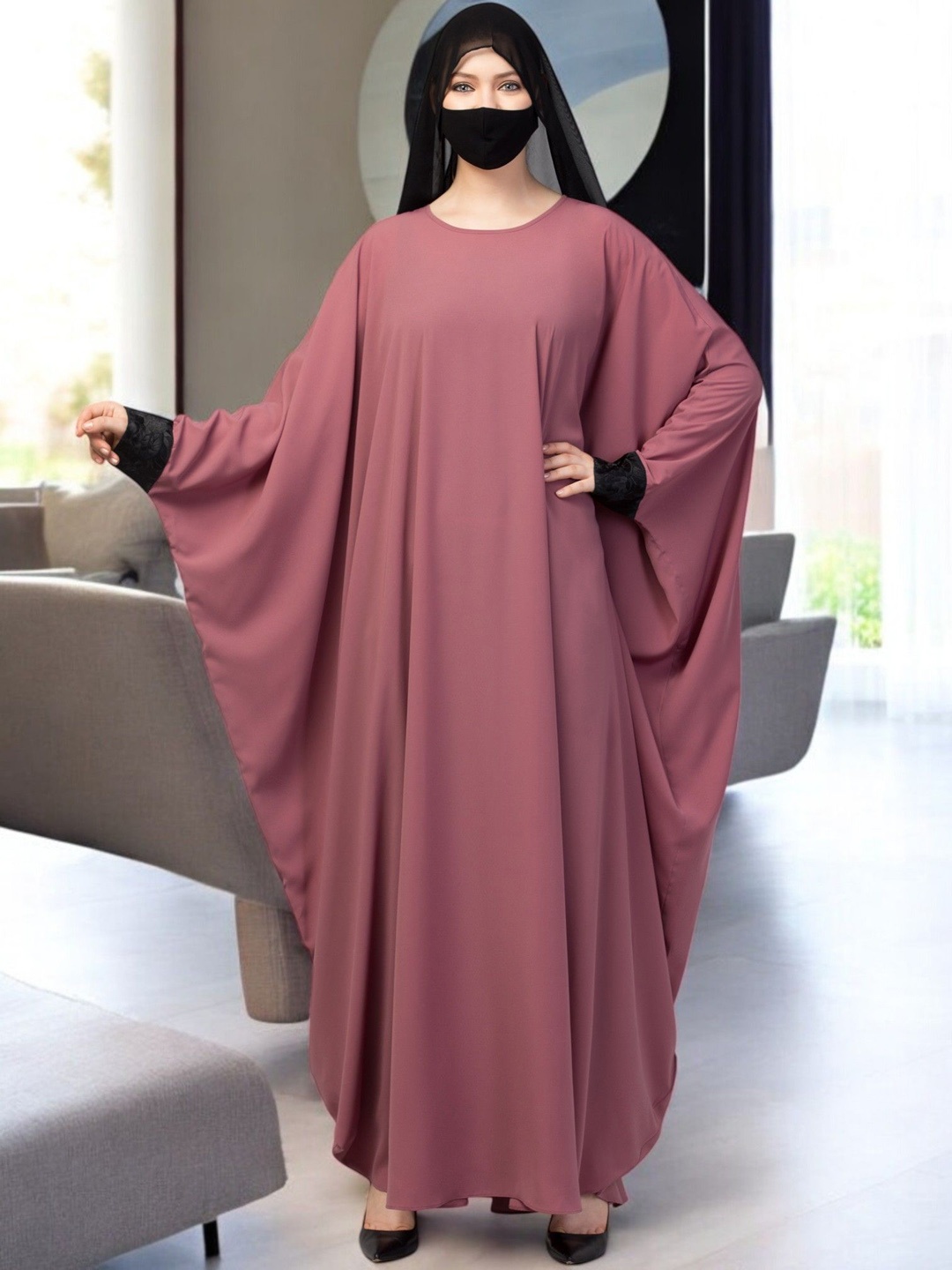 

MUSHKIYA Women Solid Kaftan Abaya Burqa With Lacework, Pink