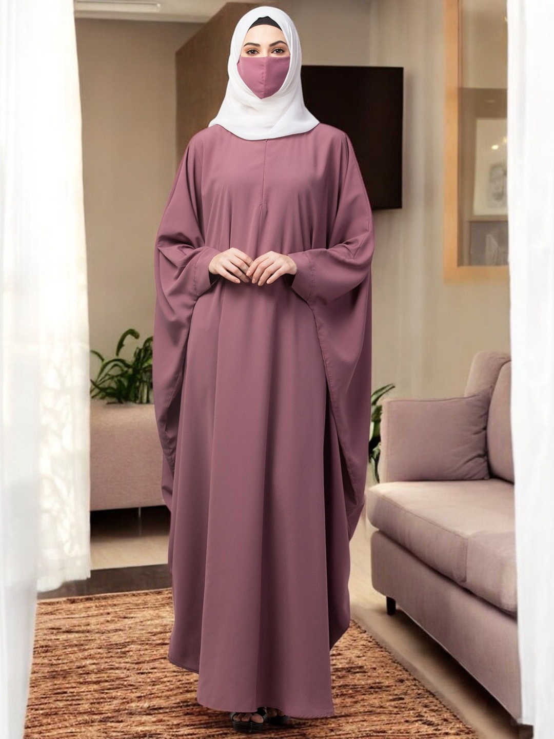

MUSHKIYA Women Solid Kaftan Abaya Burqa With Hidden Zipper Opening, Mauve