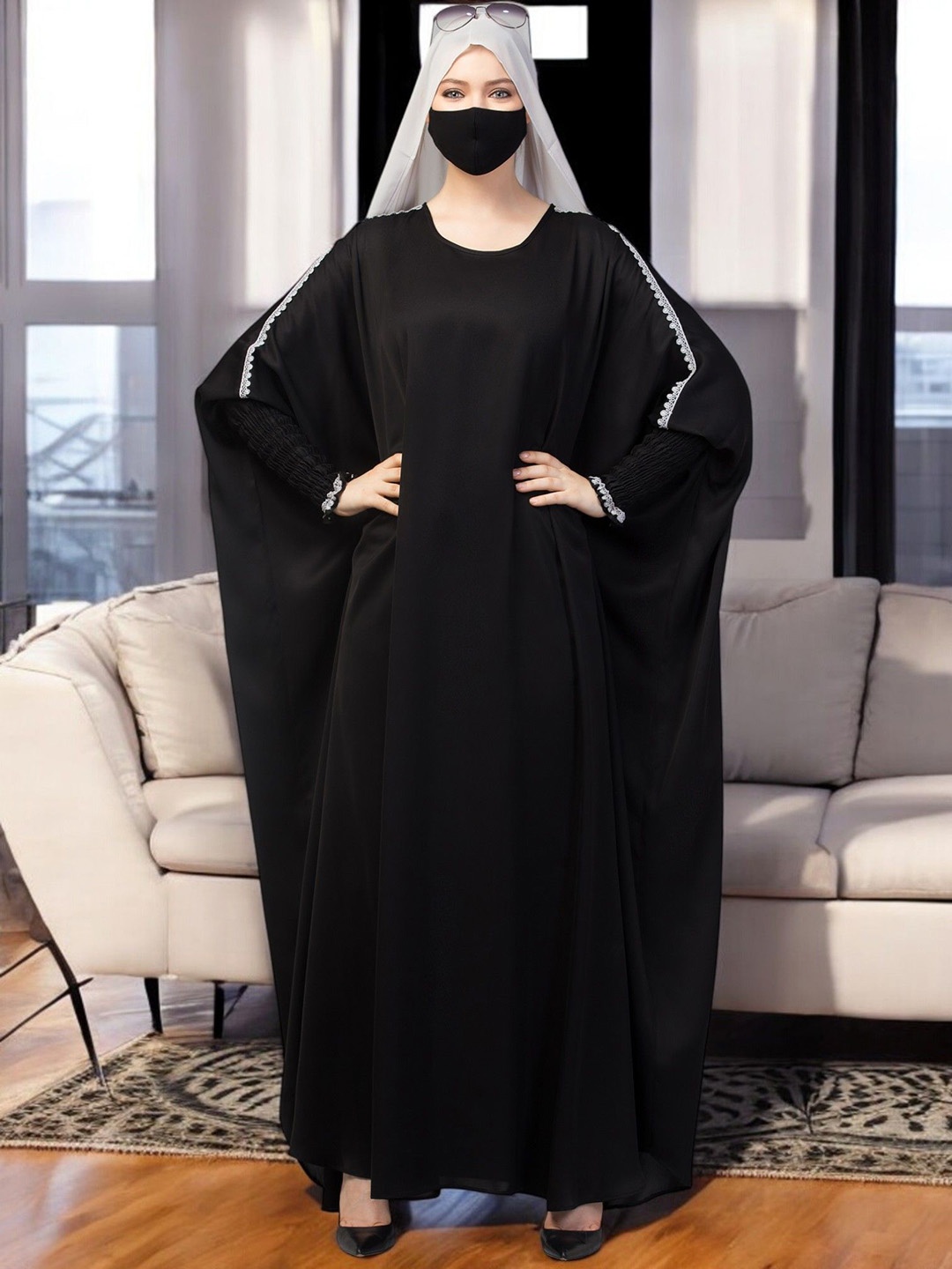 

MUSHKIYA Women Solid Long Elasticated Sleeves kaftan Abaya Burqa, Black