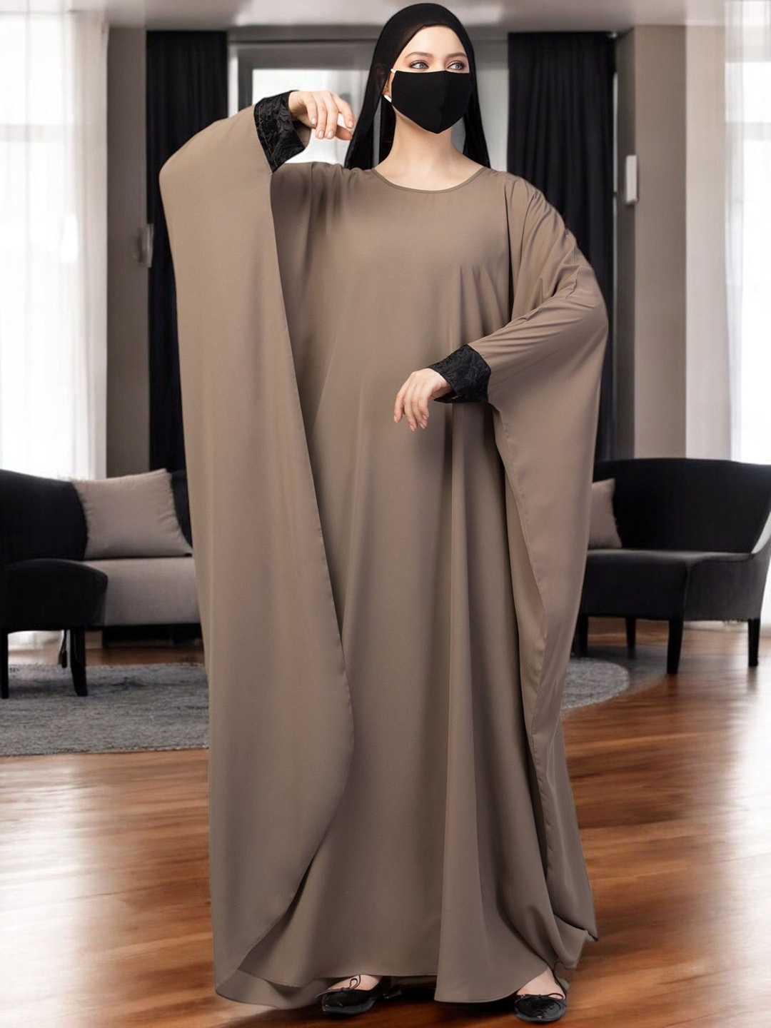 

MUSHKIYA Women Solid Kaftan Abaya Burqa With Lacework, Khaki