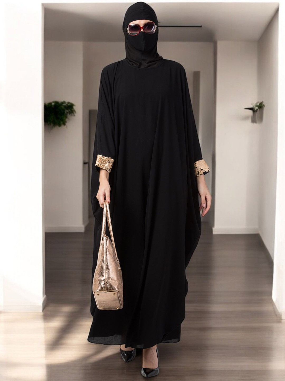 

MUSHKIYA Women Solid Abaya Kaftan Burqa With Lacework, Black