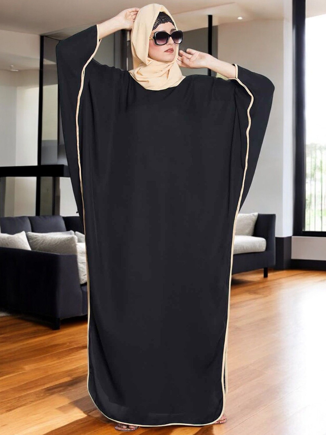 

MUSHKIYA Free Size Kaftan Abaya With Side Slits-Black Fawn