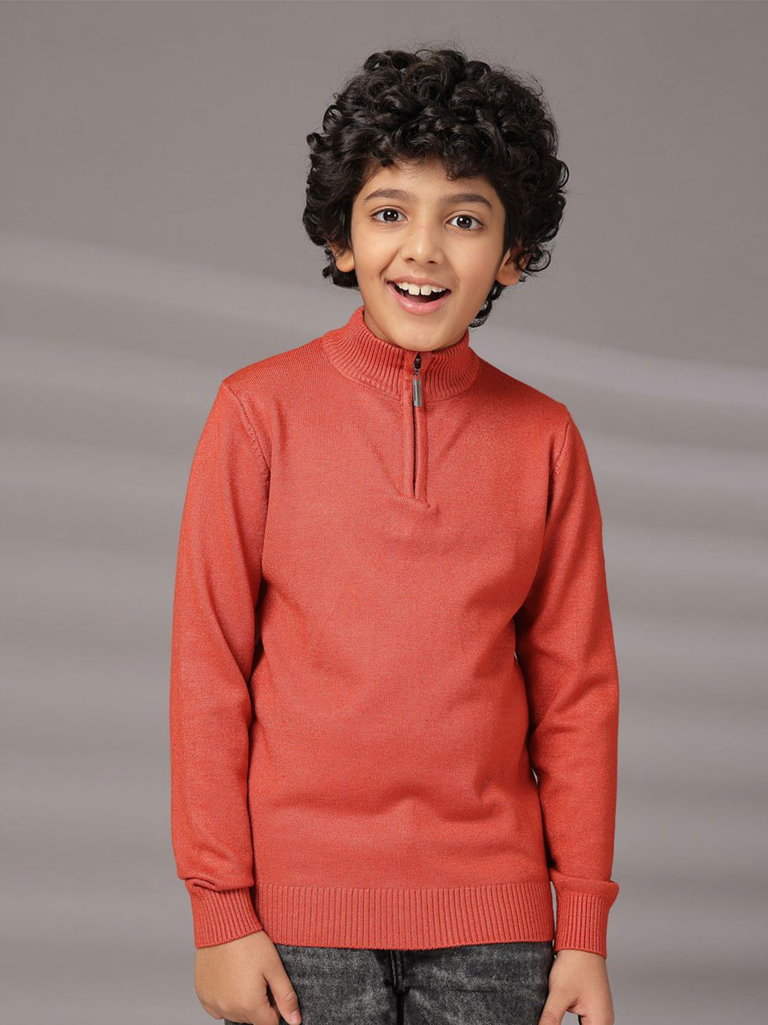 

Albion By CnM Boys Mock Collar Half Zipper Woollen Pullover, Rust
