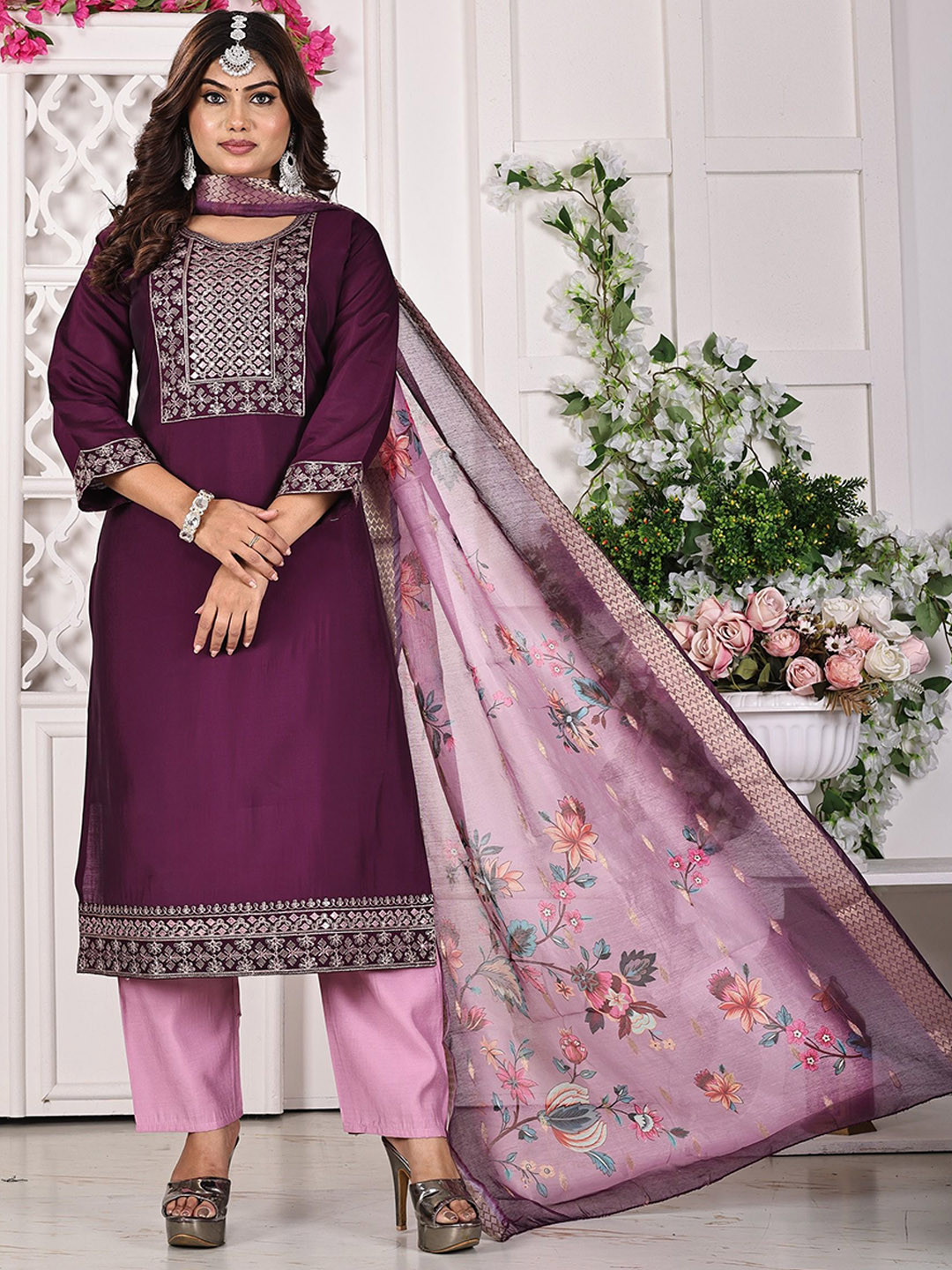 

Maheesha Floral Embroidered Kurta With Trousers & Dupatta, Purple
