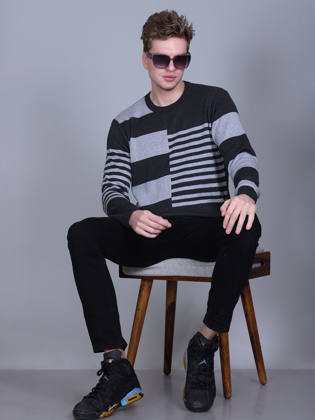 

BeriBlu Men Striped Pullover Sweater, Charcoal