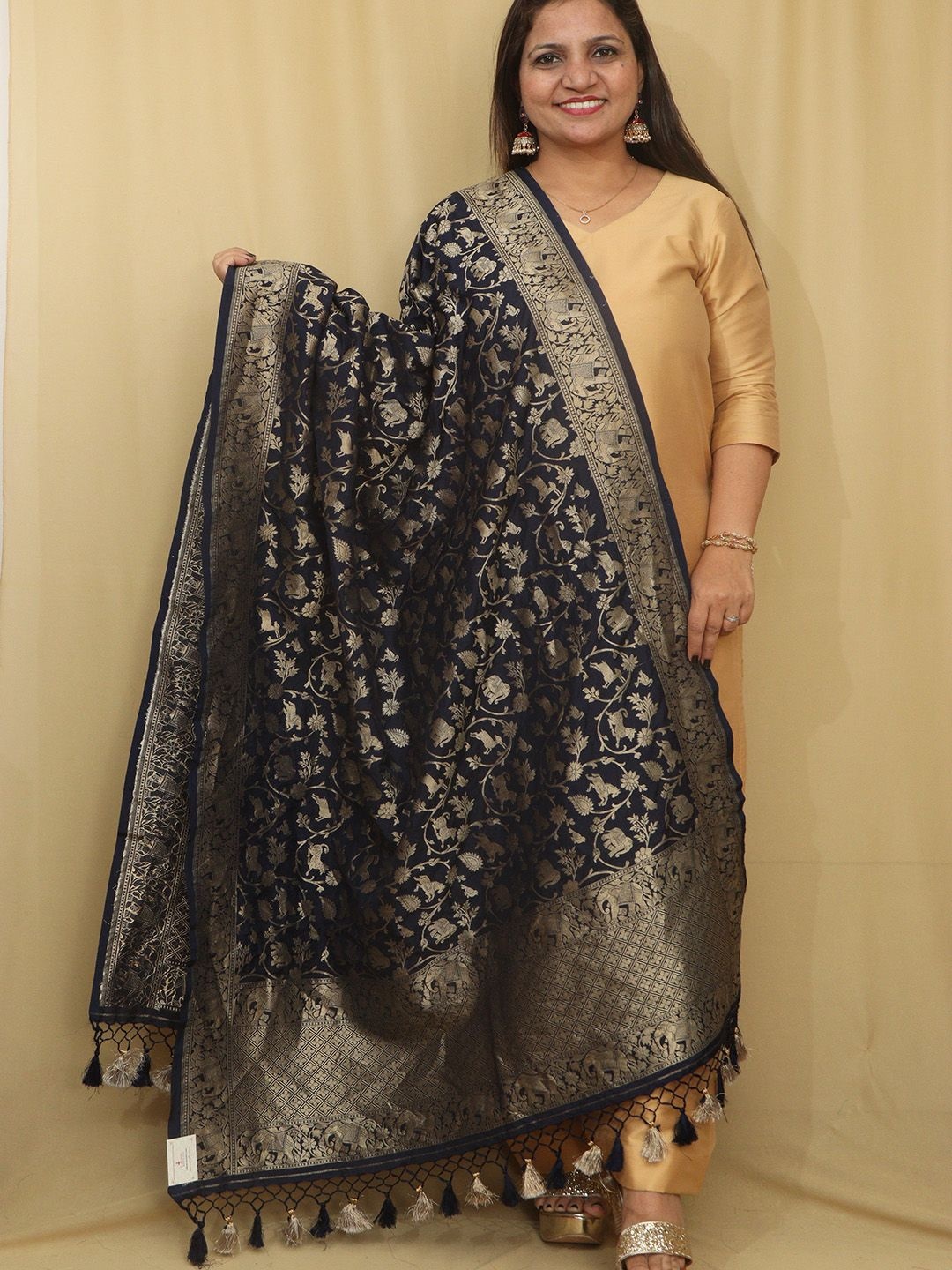 

Luxurionworld Ethnic Motifs Woven Design Silk Dupatta with Zari, Navy blue