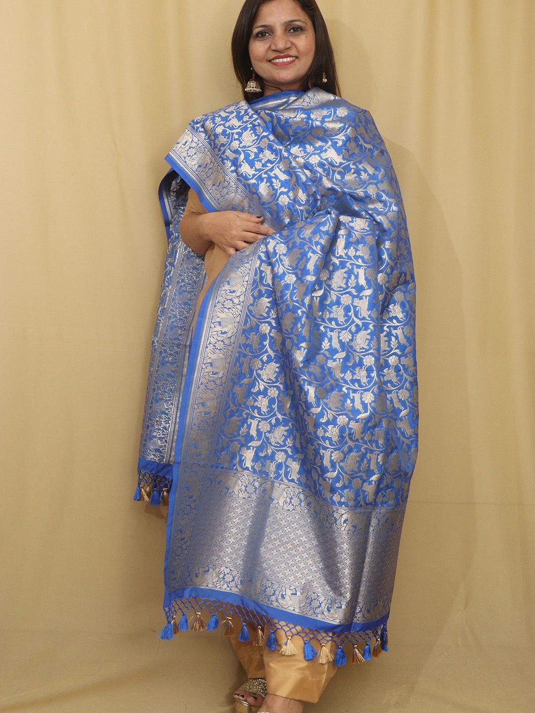 

Luxurionworld Ethnic Motifs Woven Design Silk Dupatta with Zari, Blue