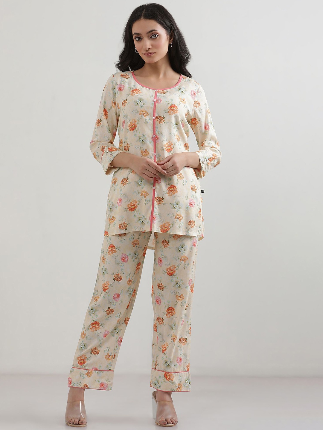

elleven Floral Printed Round Neck Three-Quarter Sleeves Top With Trouser, Yellow