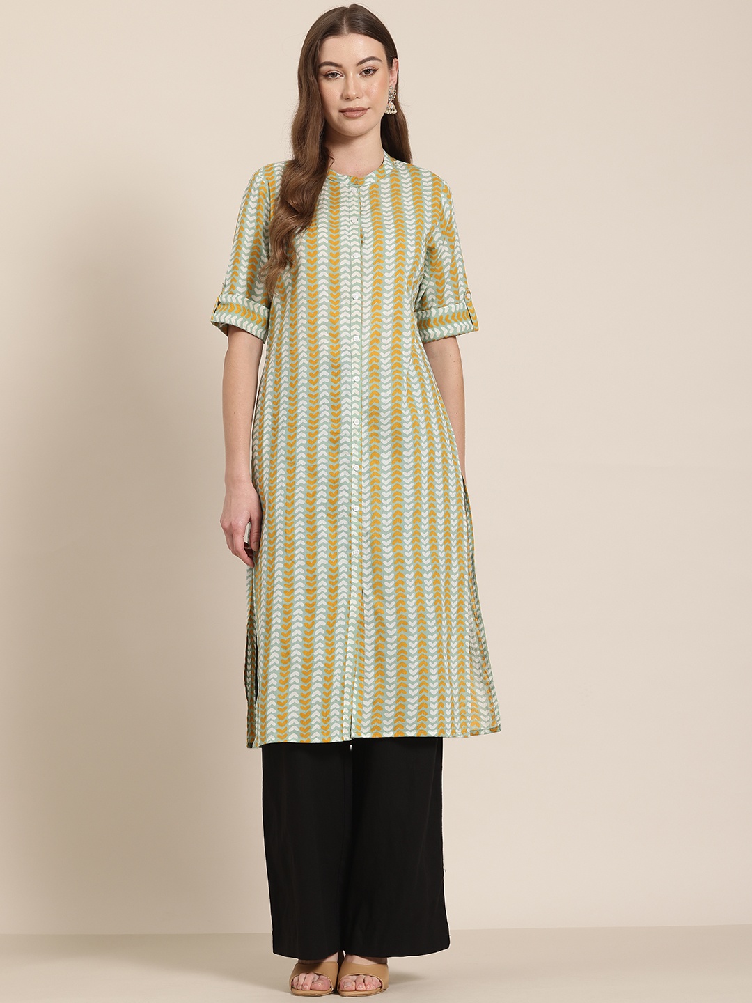 

HERE&NOW Printed Mandarin Collar Pure Cotton Kurta, Sea green