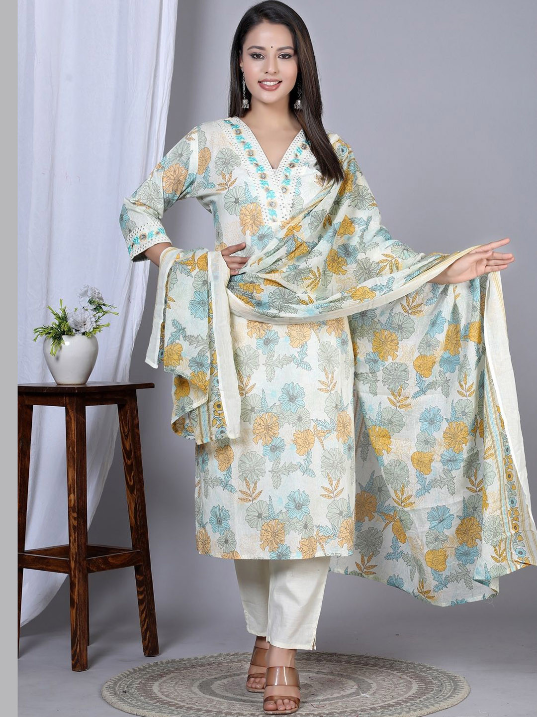 

IKRASS Floral Embroidered Sequinned Pure Cotton Kurta With Trousers And Dupatta, Mustard