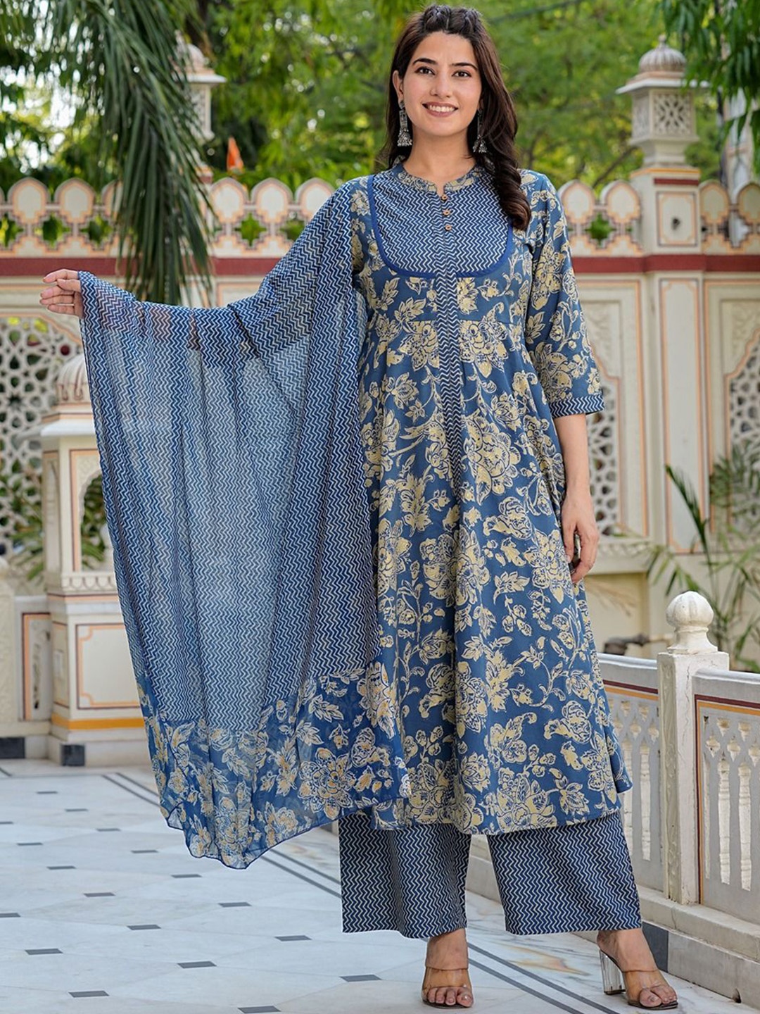 

IKRASS Floral Printed Mandarin Collar Anarkali Empire Kurta With Trousers & Dupatta, Blue