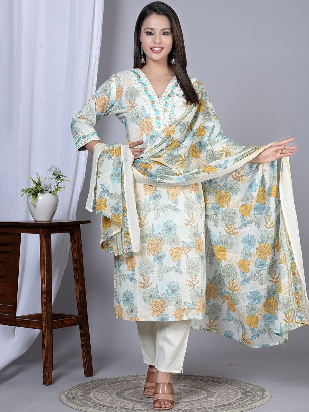 

IKRASS Floral Embroidered Sequinned Pure Cotton Kurta With Trousers And Dupatta, Mustard