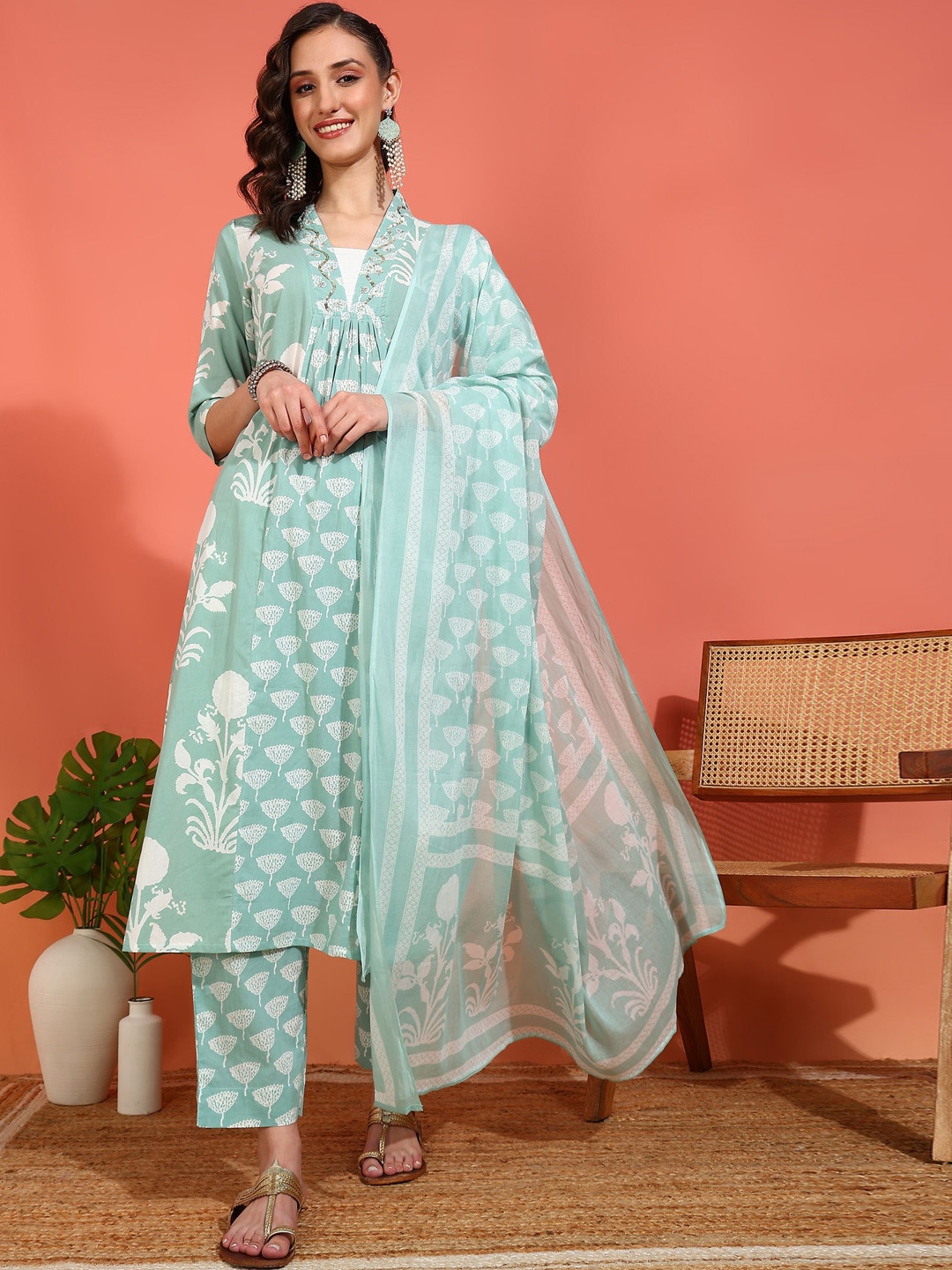 

IKRASS Floral Printed Sequnnied V-Neck Pure Cotton A-Line Kurta With Trousers And Dupatta, Green