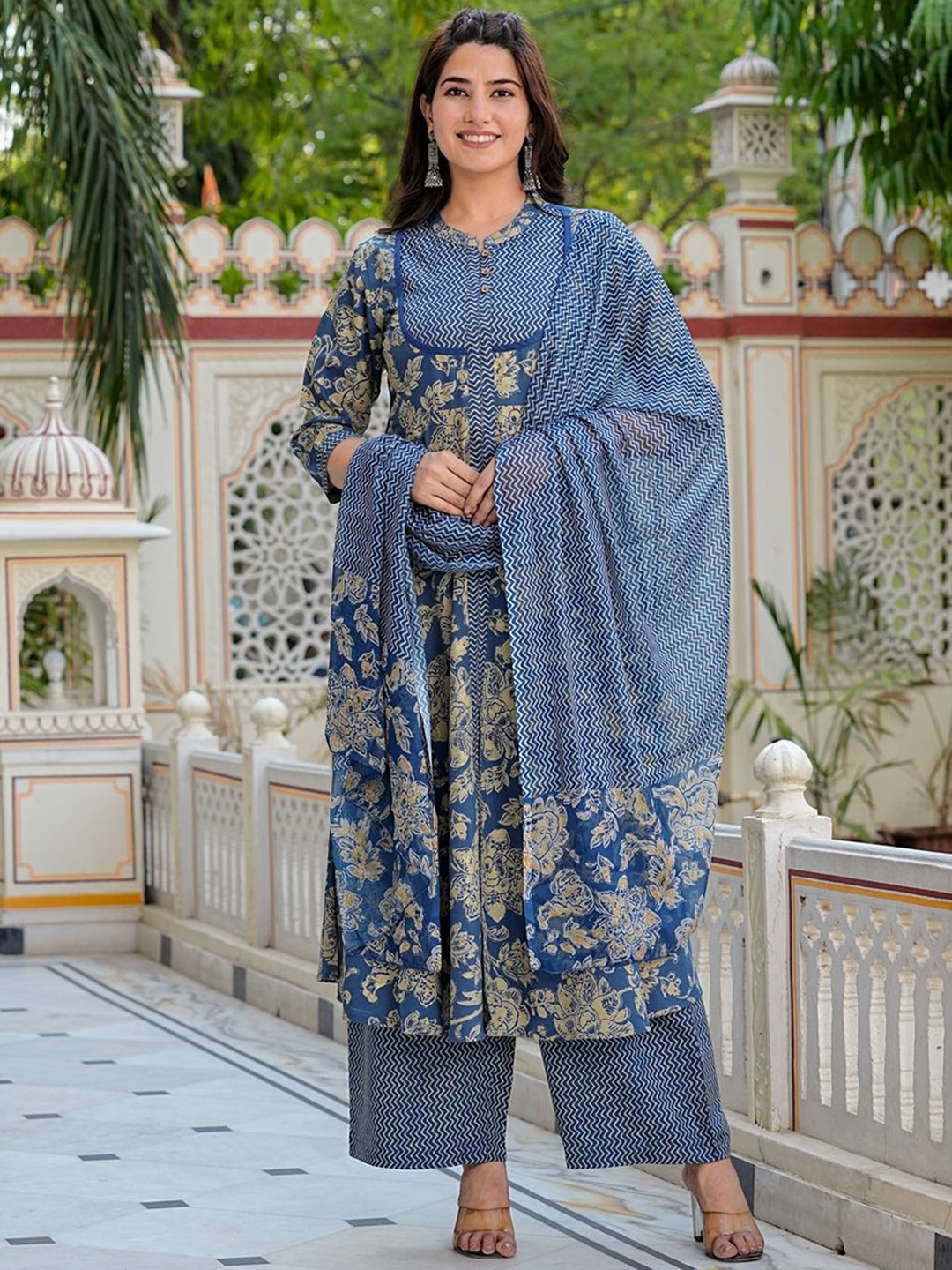 

IKRASS Floral Printed Empire Anarkali Kurta with Trousers & Dupatta, Blue