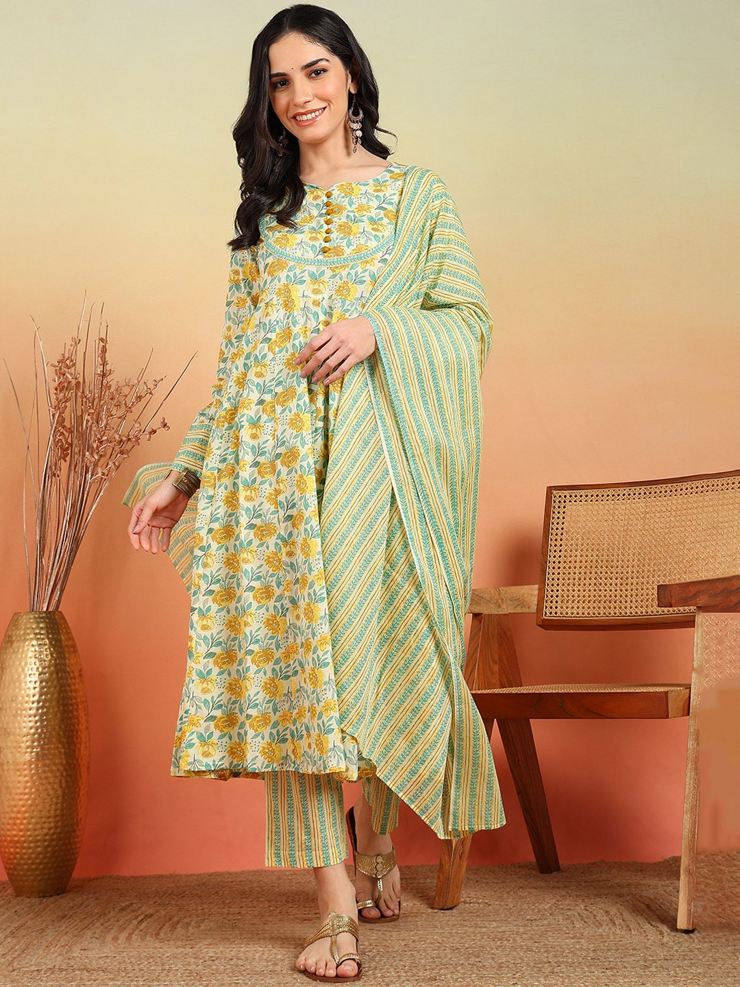 

IKRASS Floral Printed Empire Pure Cotton Anarkali Kurta with Trousers & Dupatta, Yellow