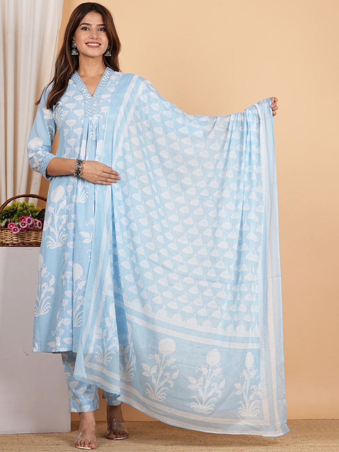 

IKRASS Floral Printed Pure Cotton Empire Anarkali Kurta with Trousers & Dupatta, Blue