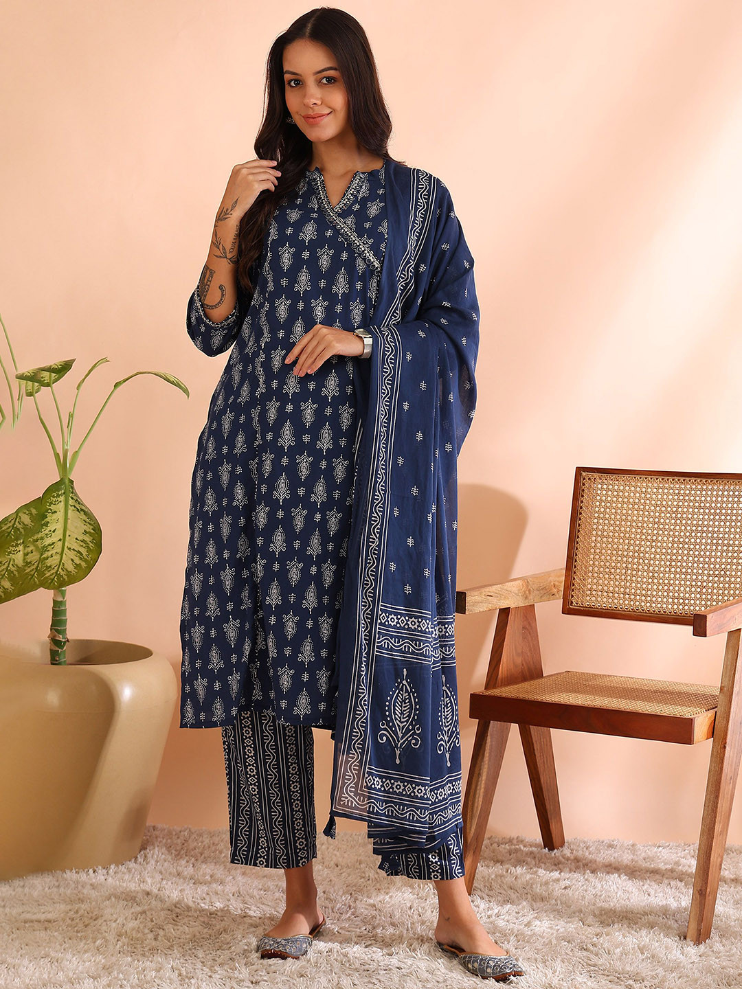 

IKRASS Floral Printed Mirror Work Cotton Straight Kurta with Trousers & Dupatta, Blue