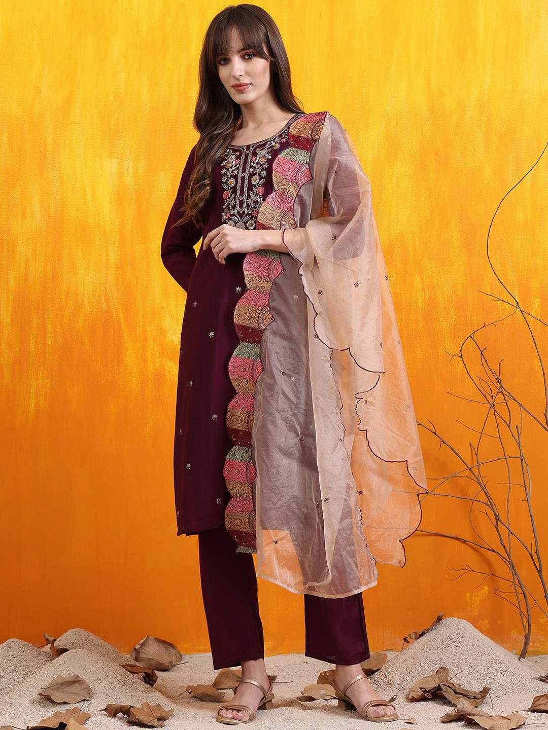 

KALINI Floral Embroidered Beads And Stones Chanderi Cotton Kurta With Trousers & Dupatta, Purple