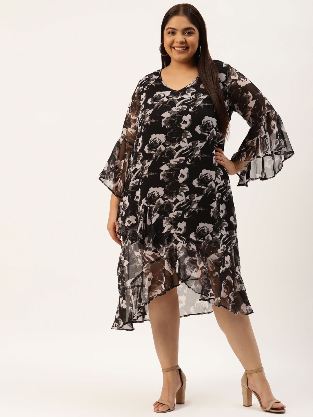 theRebelinme Women Floral Print Bell Sleeve A-Line Midi Dress, Black
