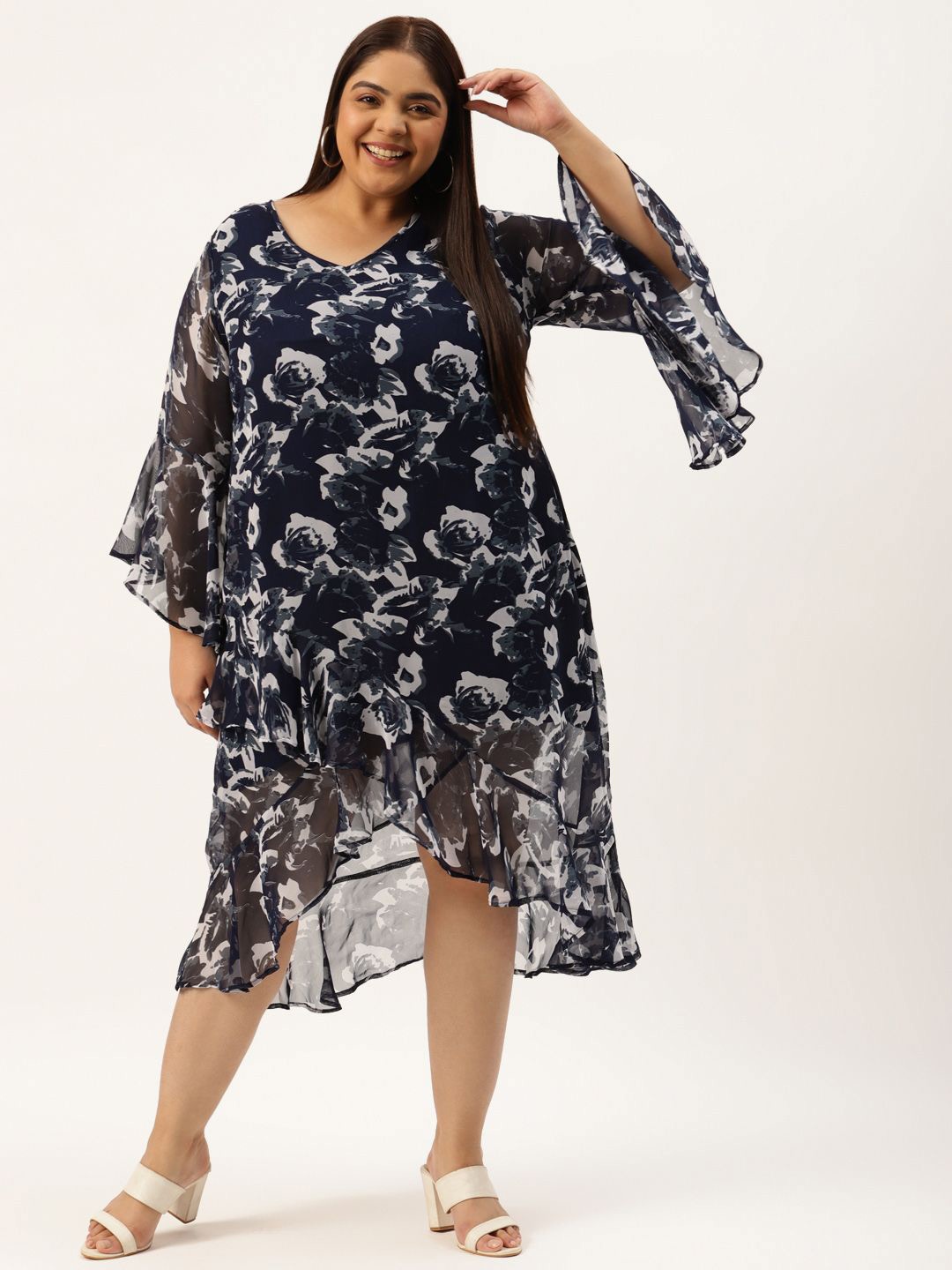 

theRebelinme Plus Size Floral Printed Bell Sleeve A-Line Midi Dress, Navy blue