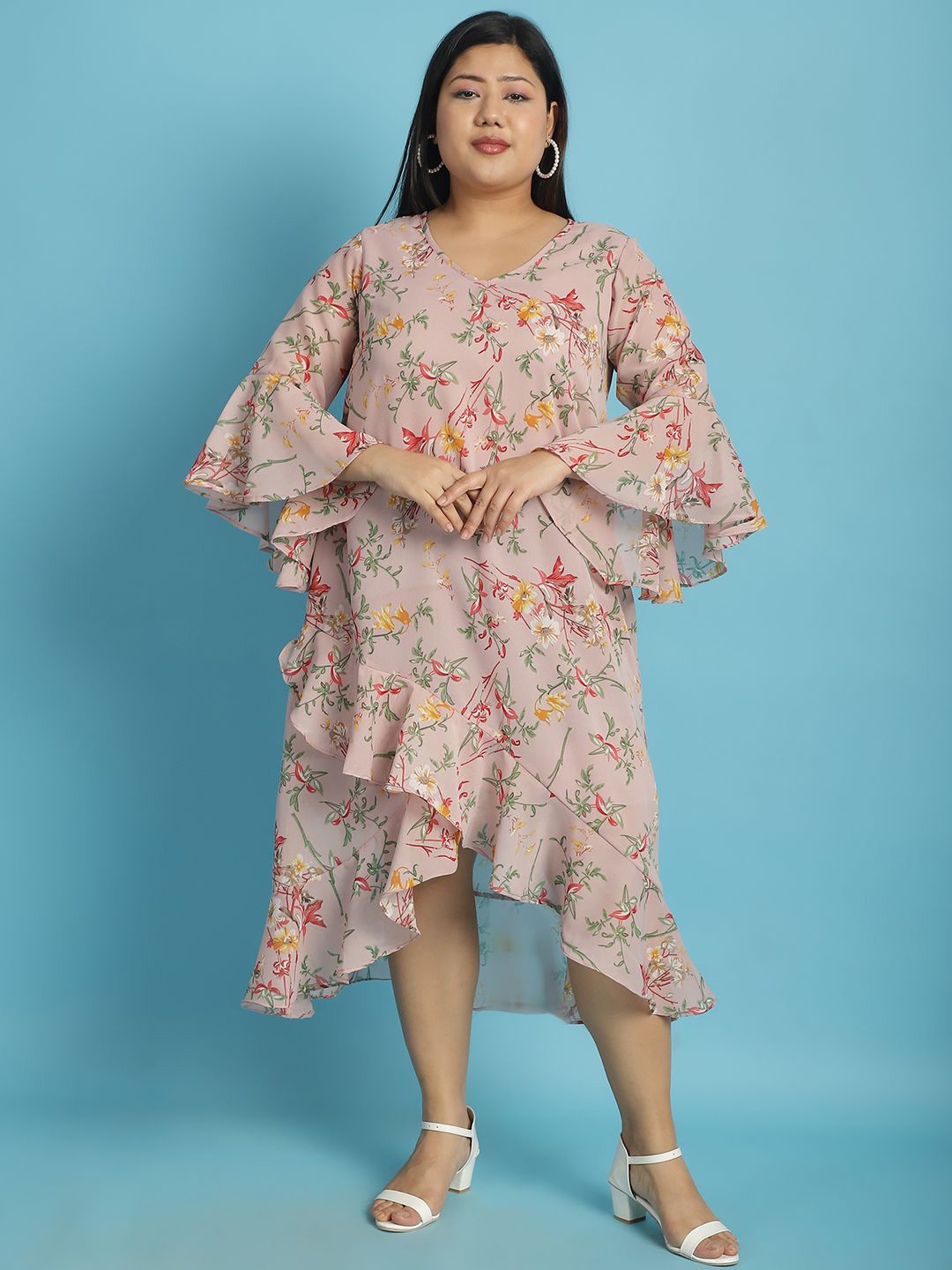 

theRebelinme Women Plus Size Floral Printed A-Line Midi Dress, Pink