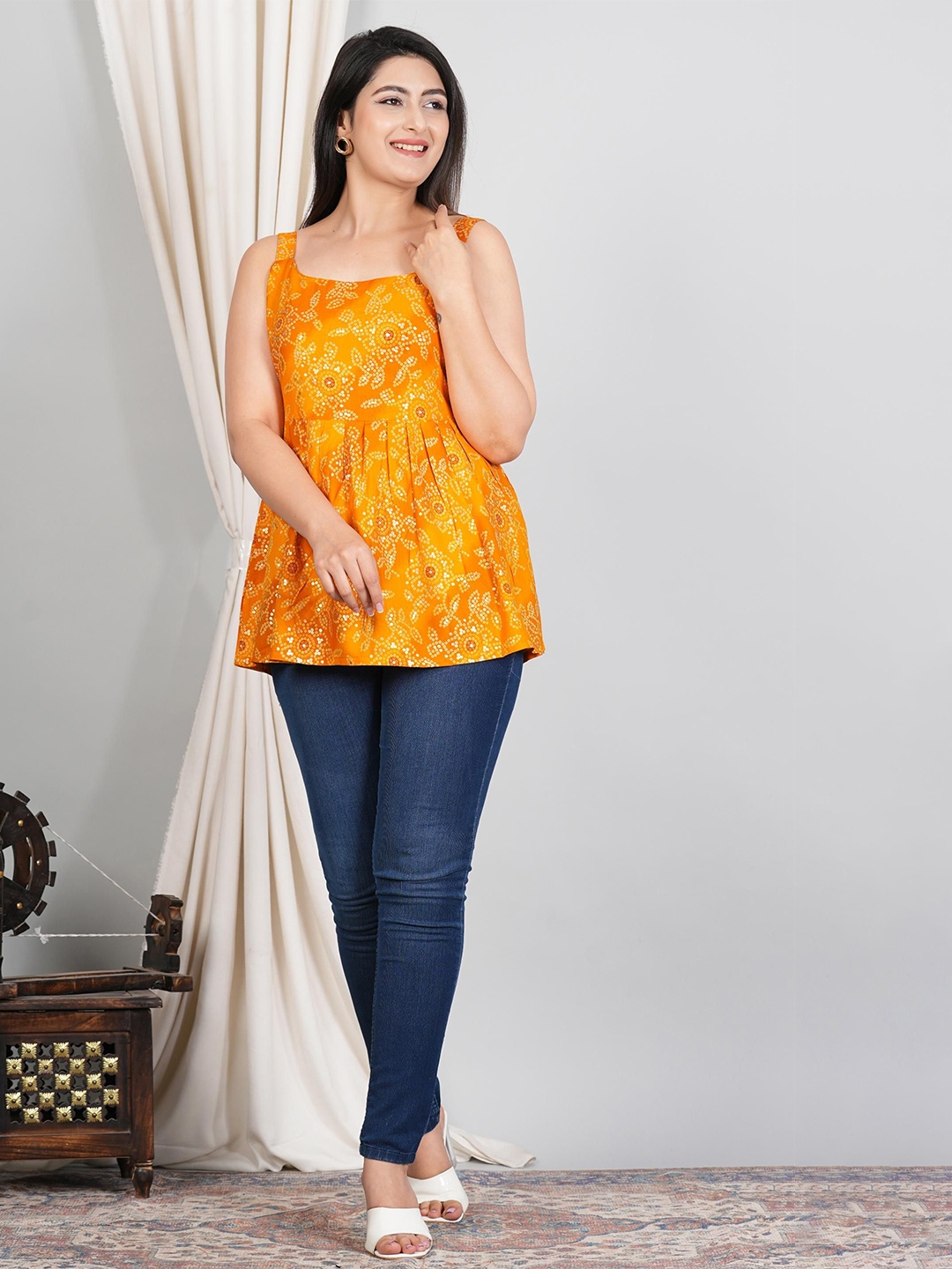 

VenderVilla Women Bandhani Printed Peplum Longline Top, Yellow