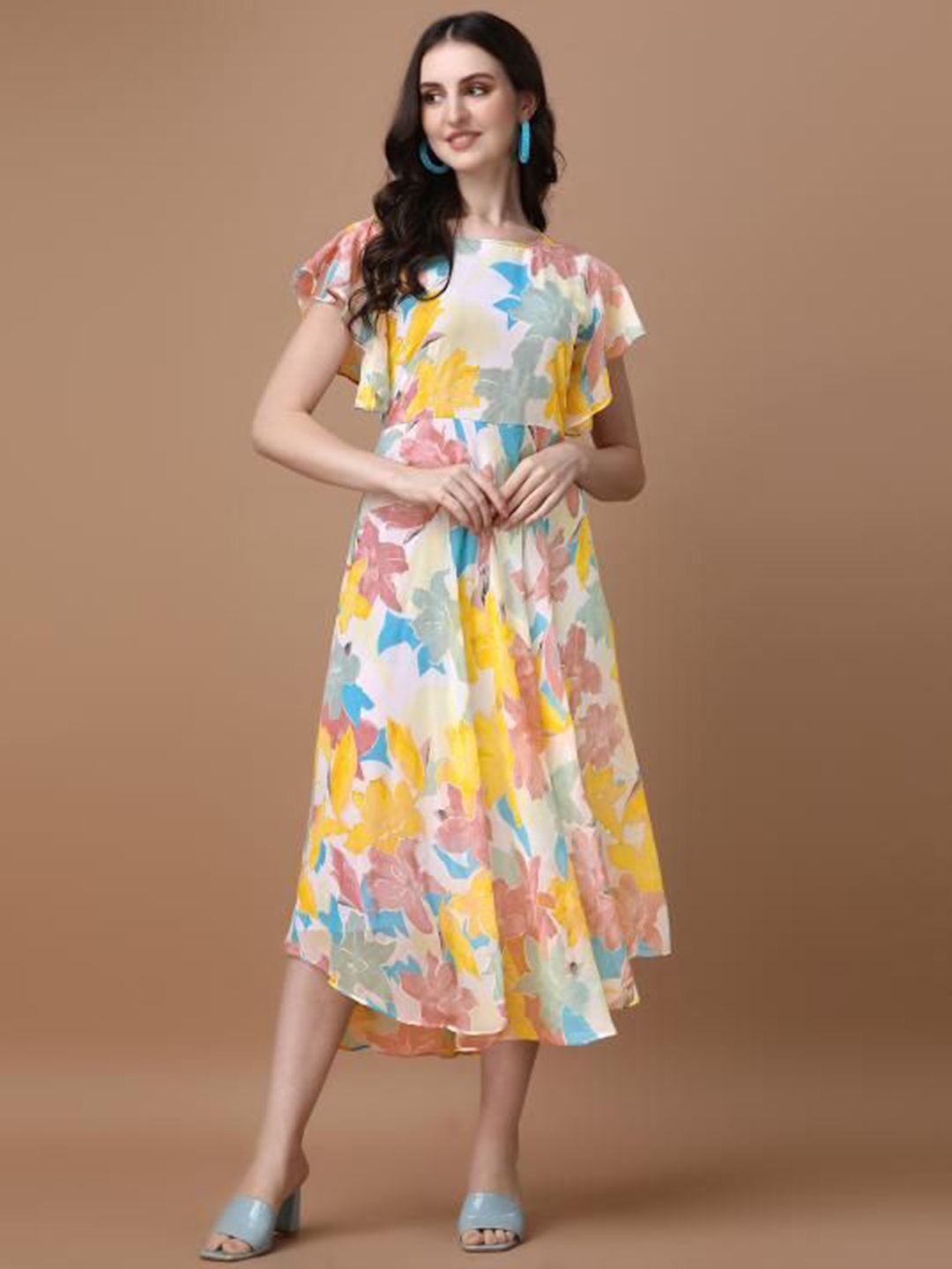 

VenderVilla Women Floral Printed Cold-Shoulder Fit and Flare Midi Dress, Yellow