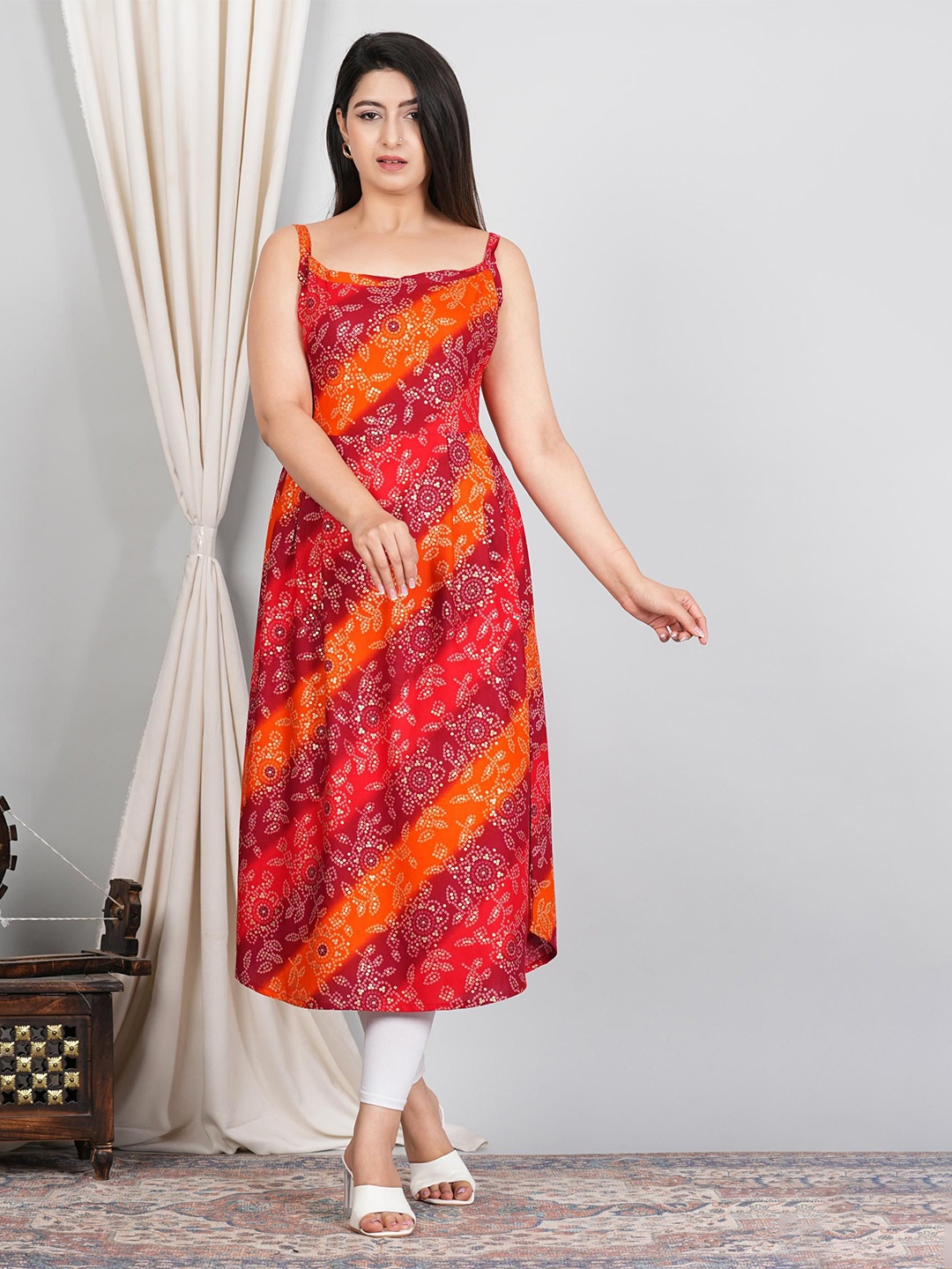

VenderVilla Women Ethnic Motifs Printed A-Line Midi Dress, Orange