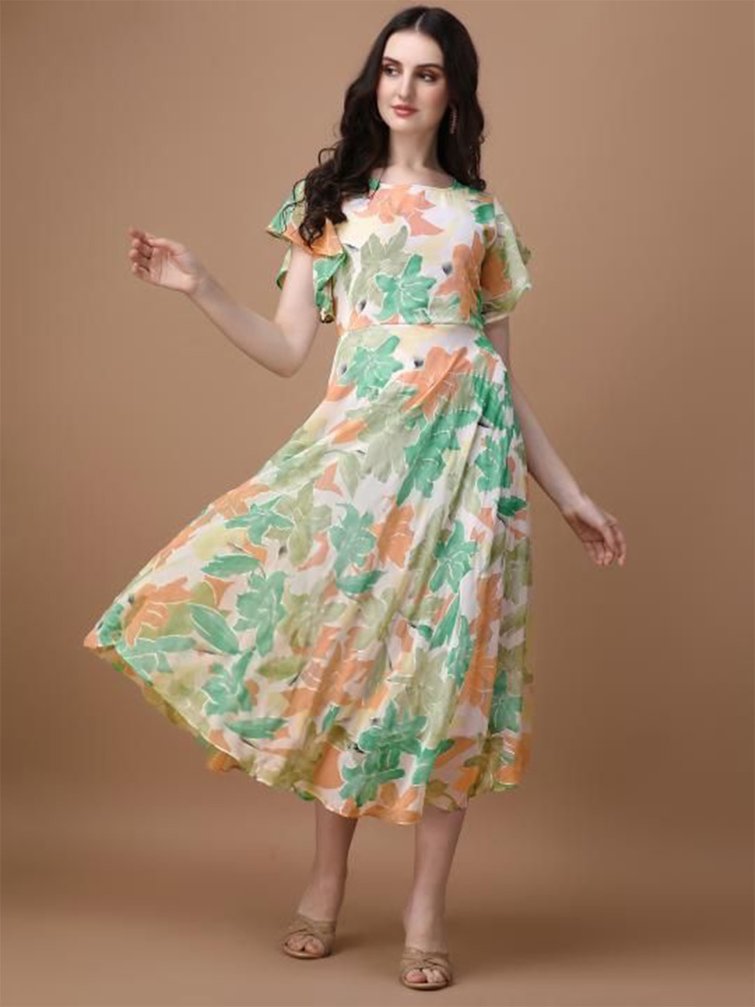 VenderVilla Women Floral Printed Flutter Sleeve Fit and Flare Midi Dress, Green