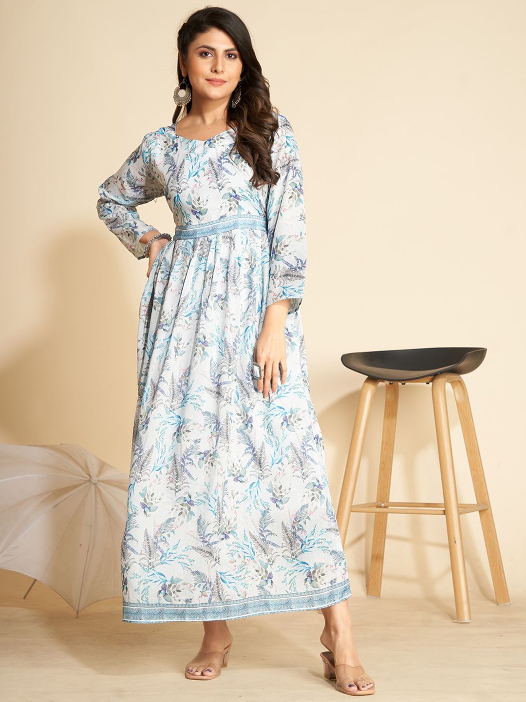

VenderVilla Print Maxi Three-Quarter Dress, White