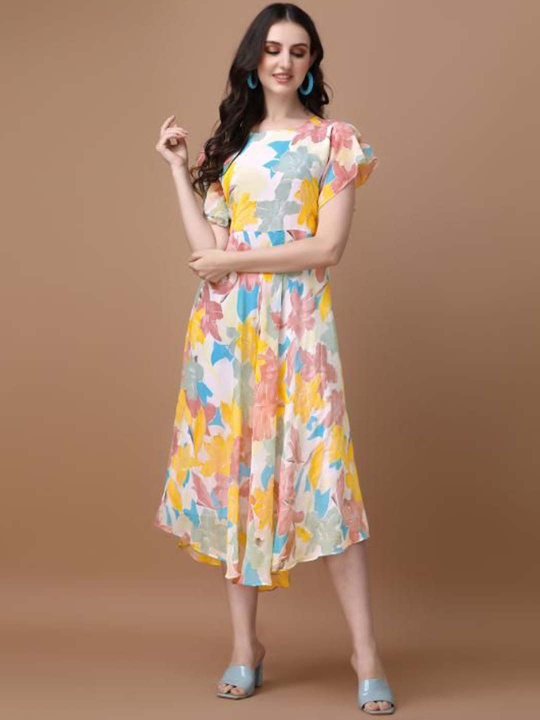 

VenderVilla Women Floral Printed Fit and Flare Midi Dress, Yellow