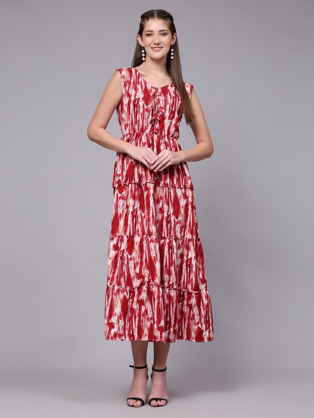 

VenderVilla Women Tie and Dye Fit & Flare Midi Dress, Red