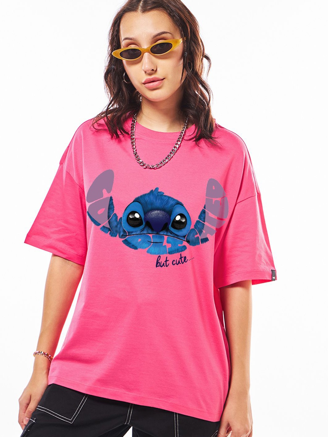 

Bewakoof Women Graphic Printed Round Neck Cotton Oversized Disney T-shirt, Pink