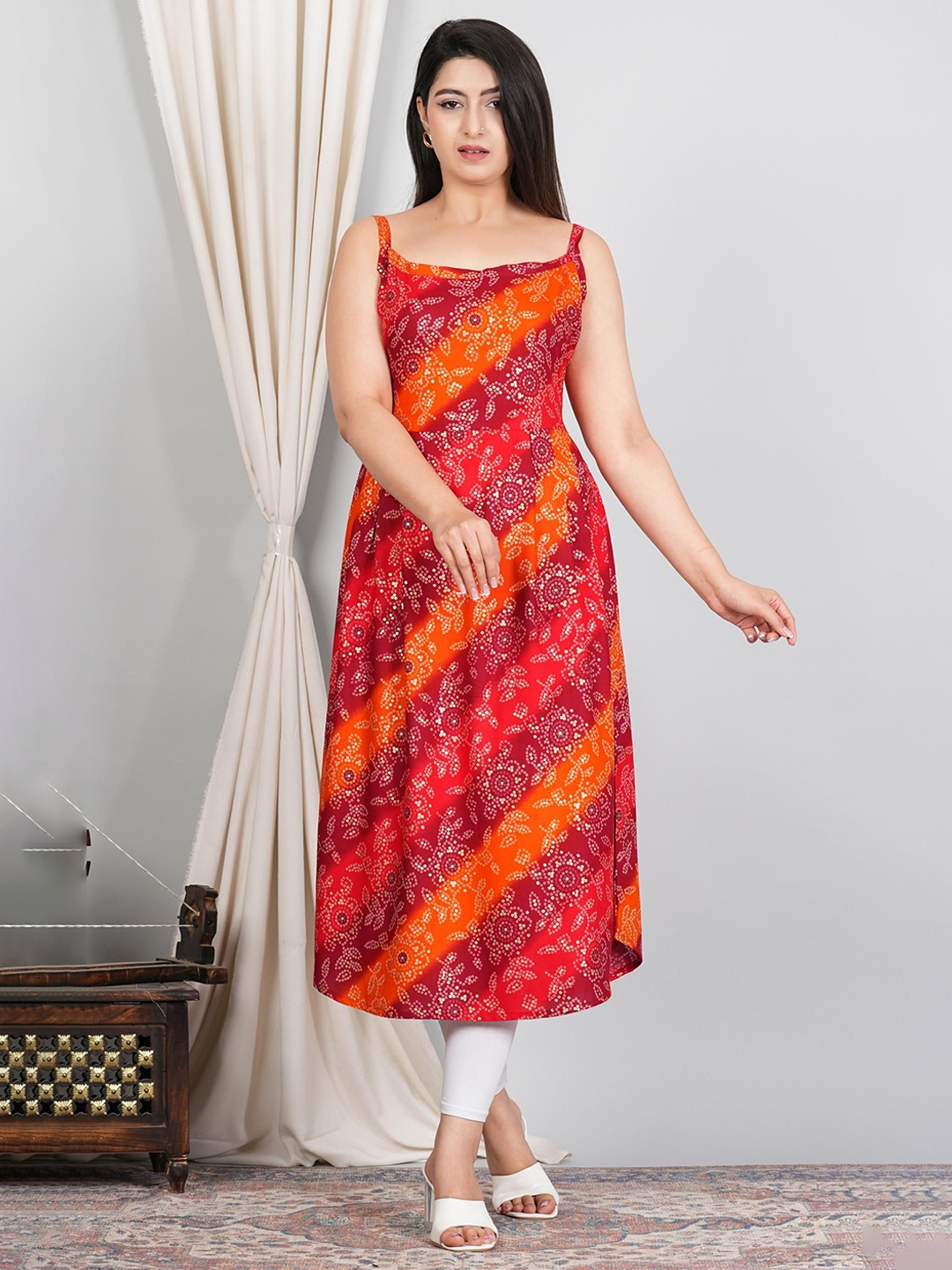 

VenderVilla Women Print A-Line Sleeveless Dress, Orange